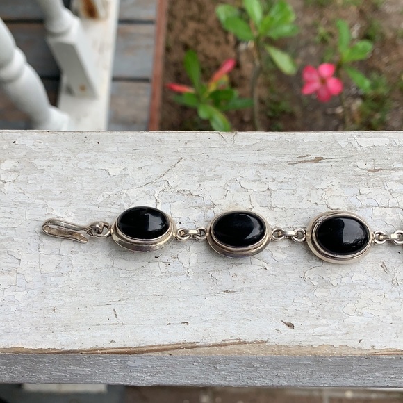 Vintage Heavy Sterling Silver Black Onyx Bracelet - Picture 10 of 17